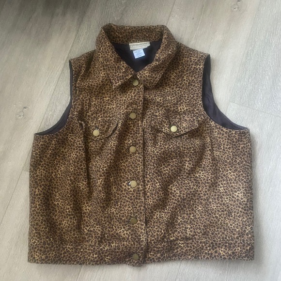 Coldwater Creek Vintage Leopard Print  Cotton Denim Button Vest Size 16 - Picture 1 of 4